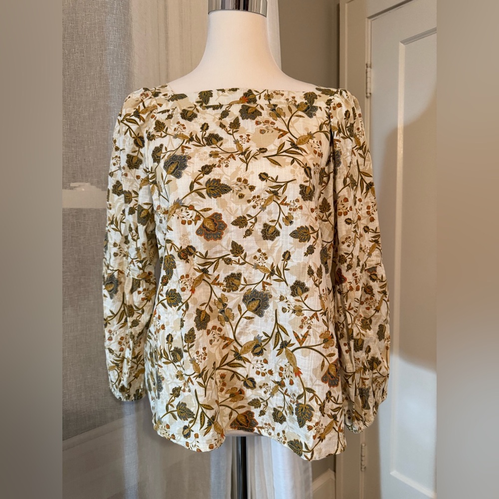 Ana Women's Blouse, XL Petite, Beige and Brown Floral with square neckline - Picture 1 of 6
